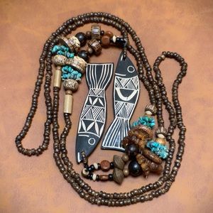 Hand-carved wood & bead necklaces